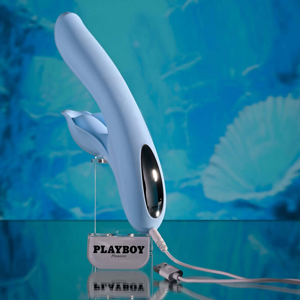 Playboy Pleasure IN BLOOM - Blue 23.5 cm USB Rechargeable Thrusting Tapping & Heating Dual Vibrator